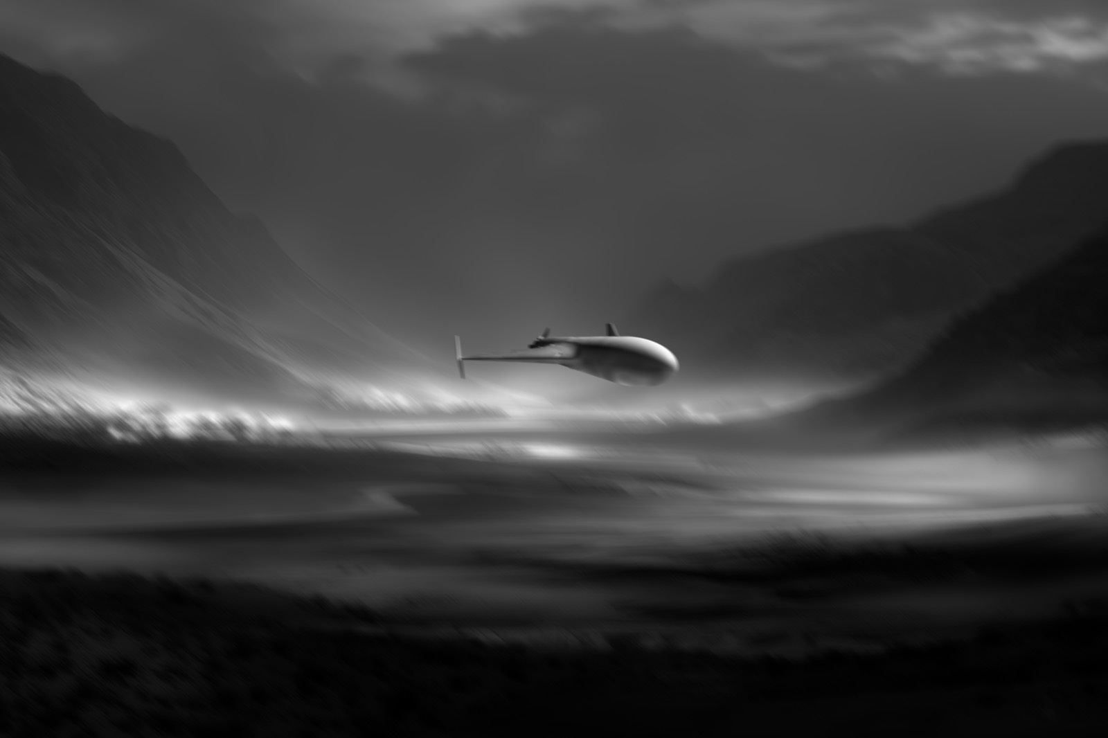 Aircraft over misty valley
